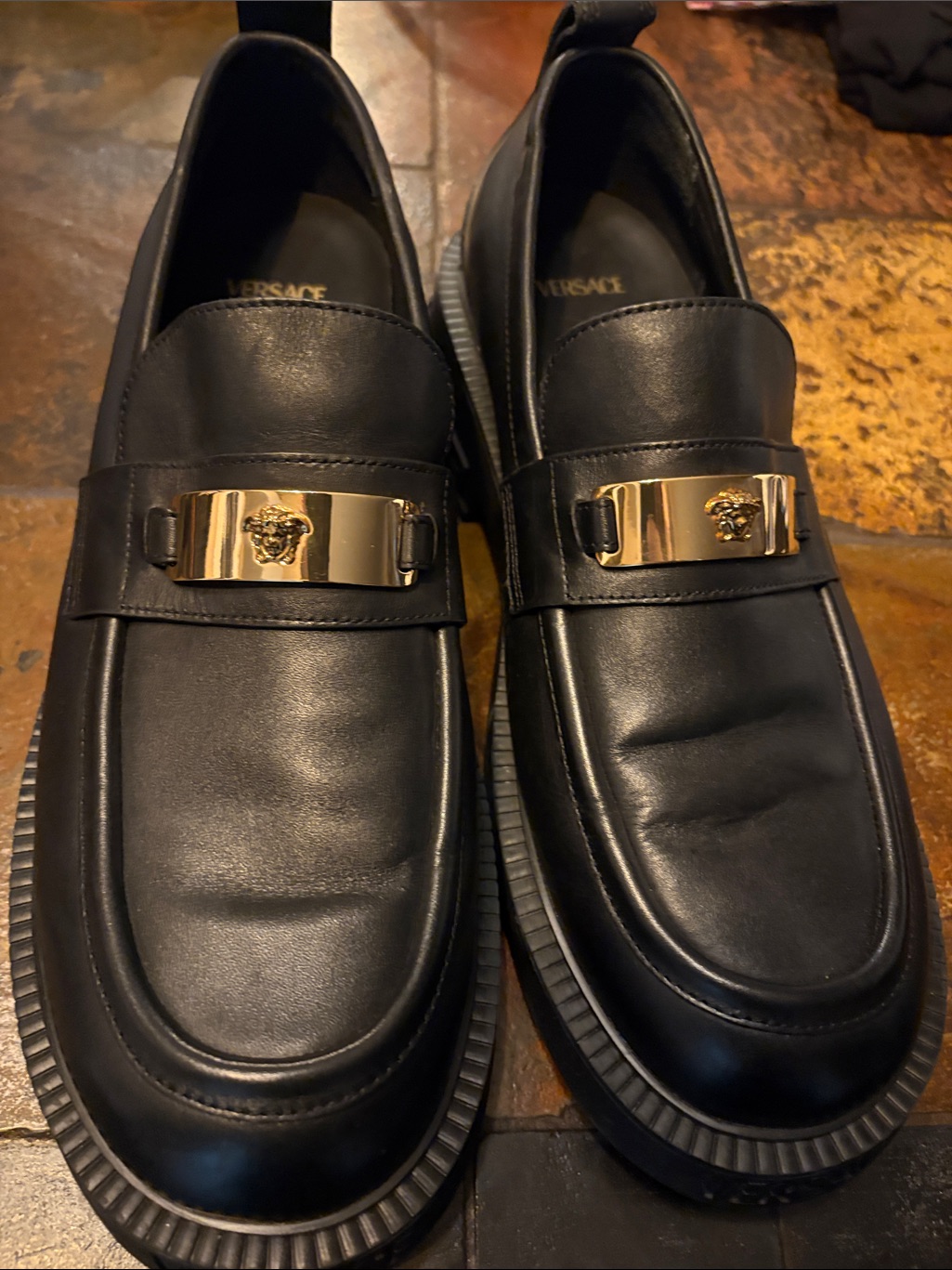 Versace Black Leather Loafers With Gold Medusa Plaque